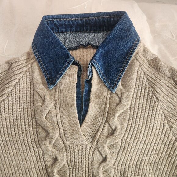 NWT COMMENSE Denim Collar Layered Sweater Beige Knit Sweater XS oversized fit - Picture 8 of 8